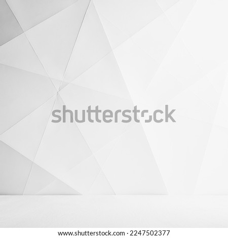 White abstract geometric background as scene with crossed lines, corners and polygon shapes as wall and wood table in soft light gradient white color and simple contemporary urban style, square.