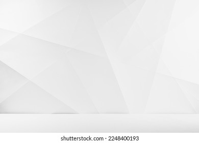 White abstract geometric background as stage with crossed lines, corners and polygon shapes as wall, wood table in soft light gradient white color in calm contemporary minimalist urban style. - Shutterstock ID 2248400193