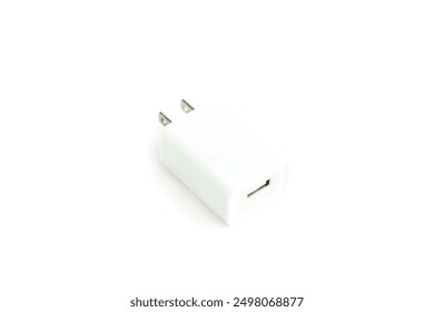 White adapter charger plug with usb port isolated on white background, USB Charger plug