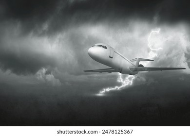 A white airplane flying through a stormy sky. The sky is dark and cloudy, and there is a lightning bolt in the air. Scene is tense and dramatic, as the airplane is flying through a dangerous - Powered by Shutterstock