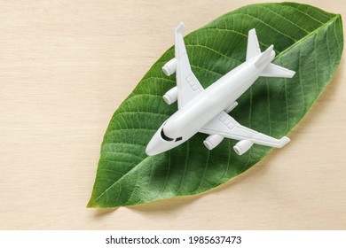 White Airplane Model Emitting Fresh Green Leaves On Wooden Background. Environmental Protection Concept. Biofuel For Aviation Industry