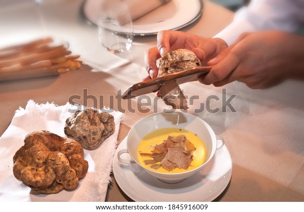 White Alba truffle sliced by the\
waiter\'s hands on fontina fondue in an elegant white ceramic cup\
with two handles on the saucer next to two large\
truffles