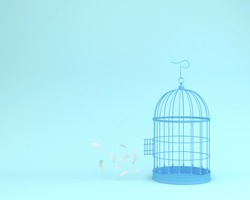 White Angel Feathers Floating Outside Retro Bird Cage On Pastel Blue Background  Minimal Idea Concept Of Freedom