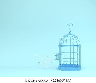 White Angel Feathers Floating Outside Retro Bird Cage On Pastel Blue Background  Minimal Idea Concept Of Freedom