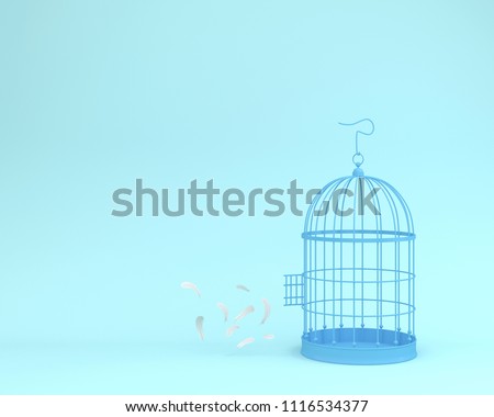 White angel feathers floating outside retro bird cage on pastel blue background  minimal idea concept of freedom