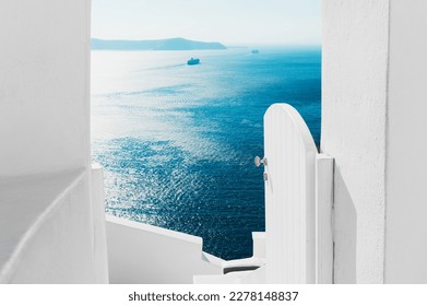 White architecture on Santorini island, Greece. Summer landscape, sea view. Travel and summer vacations concept