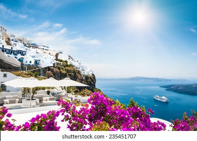 White Architecture On Santorini Island, Greece.  Beautiful Landscape With Sea View