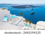 White architecture in Santorini island, Greece. Beautiful sea view in sunny day. Travel and vacation concept