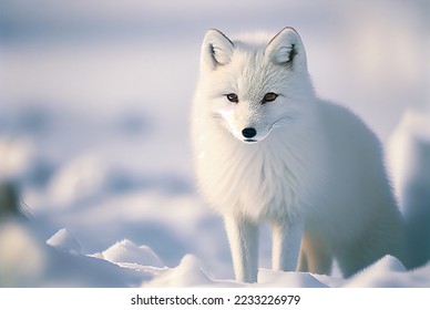 White arctic fox (Vulpes Lagopus) in the snow in the Arctic. Snow Fox.