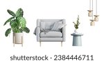 White armchair and plant on white background