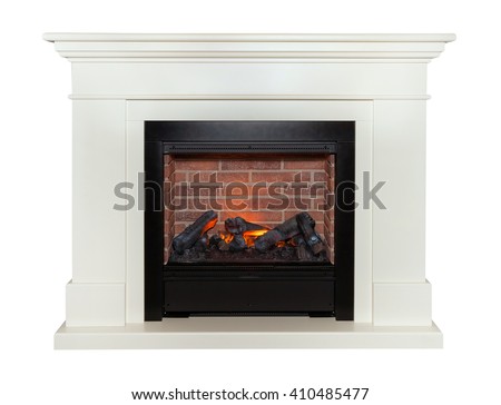 White artificial fireplace isolated on white background