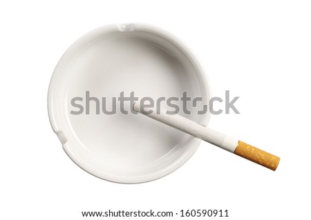 White ashtray and cigarette isolated on white background. Top view