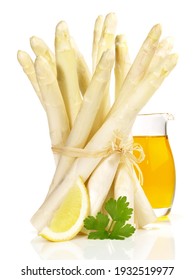 White Asparagus with melted Butter isolated on white Background