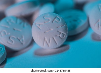 White Aspirin macro shot on aqua blue background