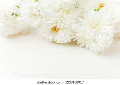 White autumn chrysanthemum flowers on white wooden background Copy Space. Chrysanthemum wallpaper. Floral background. Autumn bouquet lifestyle - Shutterstock ID 1233188917
