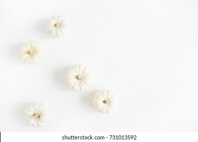 White Autumn Pumpkins. Fall Minimal Concept. Flat Lay, Top View. Christmas Background. Pumpkins Set.