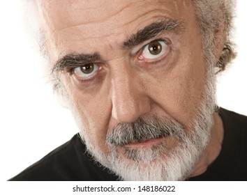 White Background Close Up Of Serious Older Male In Beard