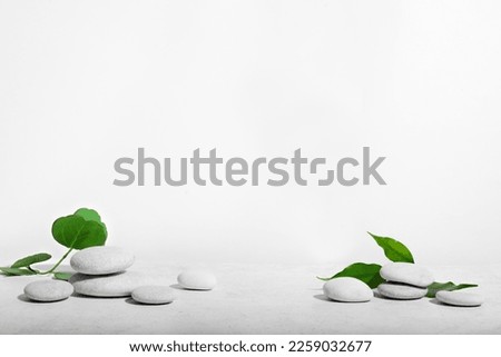 White background for cosmetic products with green plants and natural stones, copy space. Scene stage showcase for cosmetic products, promotion, organic skin care presentation, cosmetic.