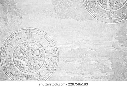 White background of decorative plaster with a decorative clockwork. Unusual white wall texture with beautiful patterns, creative surface background. Finishing coating for building cladding. - Shutterstock ID 2287586183