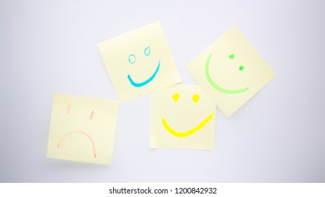 in the white background and empty space the smile in the memo like concept of emotions