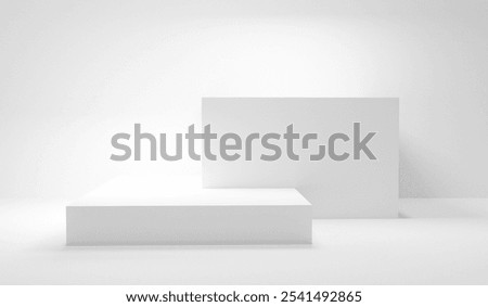 White background. White empty studio room with white geometrical forms cubes with spotlight and empty space. White table stage podium cubes empty room template display