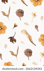 A white background with a floral pattern. The background features dried flowers in orange and brown, creating a vintage, textured look. Autumn background with copy space, Autumn aesthetic.