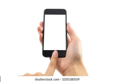 white background hand of caucasian woman hold mobile phone and touch on blank screen with copy space. image for body, technology, communication, gadget, isolated, person, business, telephone concept - Shutterstock ID 1035180559