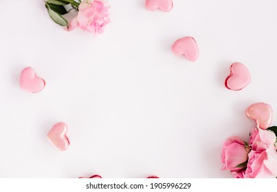 White Background With Heart Shaped Macaroons And Pink Roses For Valentines Day, Mothersday, Holiday, Gift 