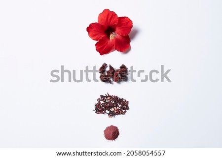 In white background, hibiscus flowers, hibiscus powder, dried hibiscus flowers, hibiscus tea.