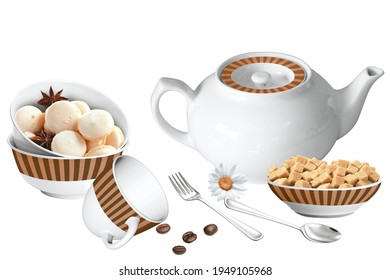 White background kitchen set with cup spoon flower sugar and Teapot cups design - Shutterstock ID 1949105968