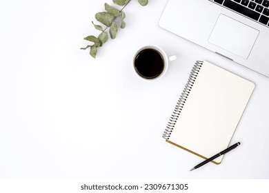 White background with laptop, notepad, eucalyptus branch and coffee, top view.