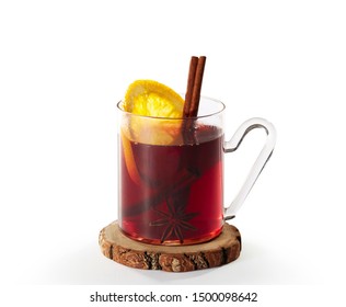 White Background. Mulled Wine On A Wooden Coaster
