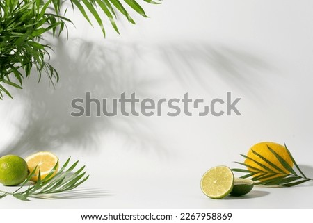 White background with palm leaves, lemon and lime slices. Modern product display for advertising and presentation of refreshing summer drinks, natural cosmetics