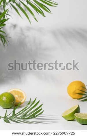 White background with palm leaves, lemon and lime slices. Modern product display for advertising and presentation of refreshing summer drinks, natural cosmetics