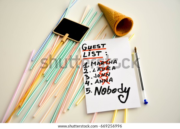 White background with party accessories and a guest list
text on a note 