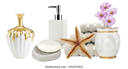White background in Shop, hand wash shampoo towels starfish flower, spa towel wellness natural - Shutterstock ID 1952474611