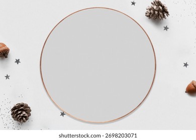White background with a smooth texture. White background features scattered pinecones and stars for a festive touch. Minimalist elegant white background with pine cones.