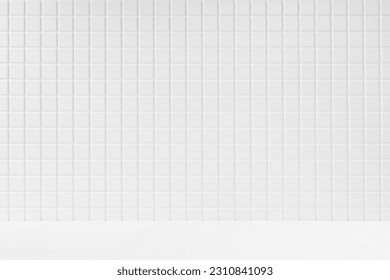 White background with white tiny tile wall, wood floor as abstract interior for display, presentation of cosmetics products, goods, design. Simple stage in classical mediterranean style.