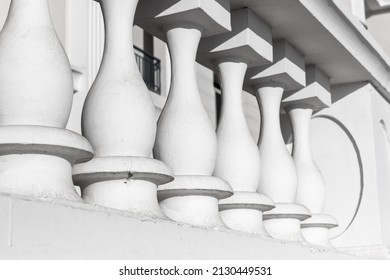 White Balcony Balusters. Abstract Classical Architecture Exterior Fragment