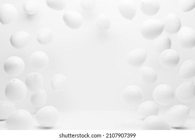 White Balloons On White Studio Background. Birthday Party, Wedding, Anniversary And Event Celebration Backdrop Decoration Design.