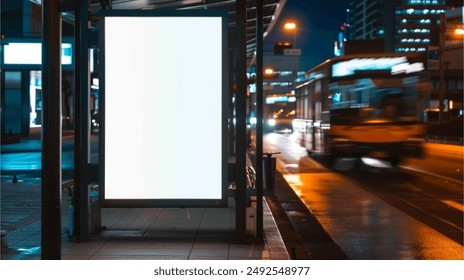 white banner light box for media advertisement at a bus stop on a city street at night, city lights and traffic in the background - Powered by Shutterstock