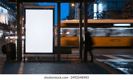 white banner light box for media advertisement at a bus stop on a city street at night, city lights and traffic in the background - Powered by Shutterstock