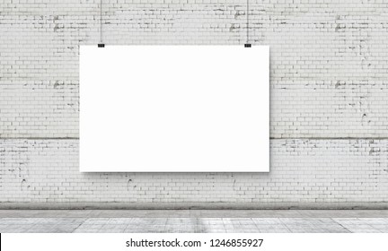 White banner on a white brick wall