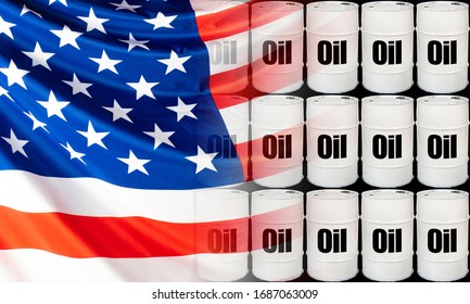 White Barrels With The Words Oil On The Background Of The American Flag. Oil Production In The United States. The Export Of American Oil. The Price Of Fuel In America. Petroleum Reserves In The USA.