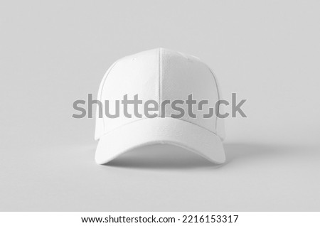 White baseball cap mockup on a grey background, front view.