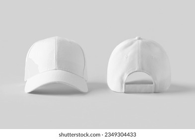 Los gorros blancos de béisbol se burlan de un fondo gris, en el frente y en el trasero.