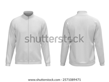 White basic turtleneck collar zipper raglan sleeve jacket front and back view for mockup