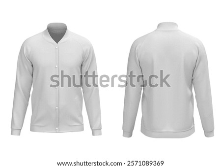 White basic varsity collar with button raglan sleeve jacket front and back view for mockup