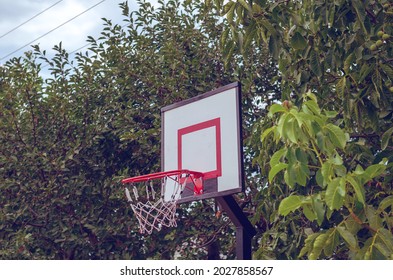 White Basketball Shield With A Red Ring In The Backyard. Home Yard With Basketball Court. A Local Basketball Shooting Target Is Made From A Wooden Board. Sport Activity Equipment Object.