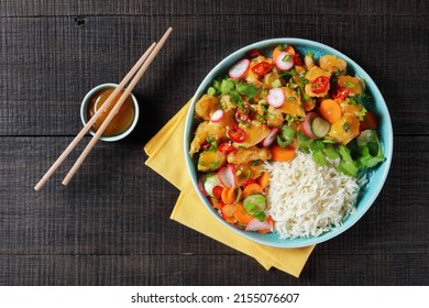 White Basmati Rice With Chicken In Sweet Mango Vegetable Sauce On Plate